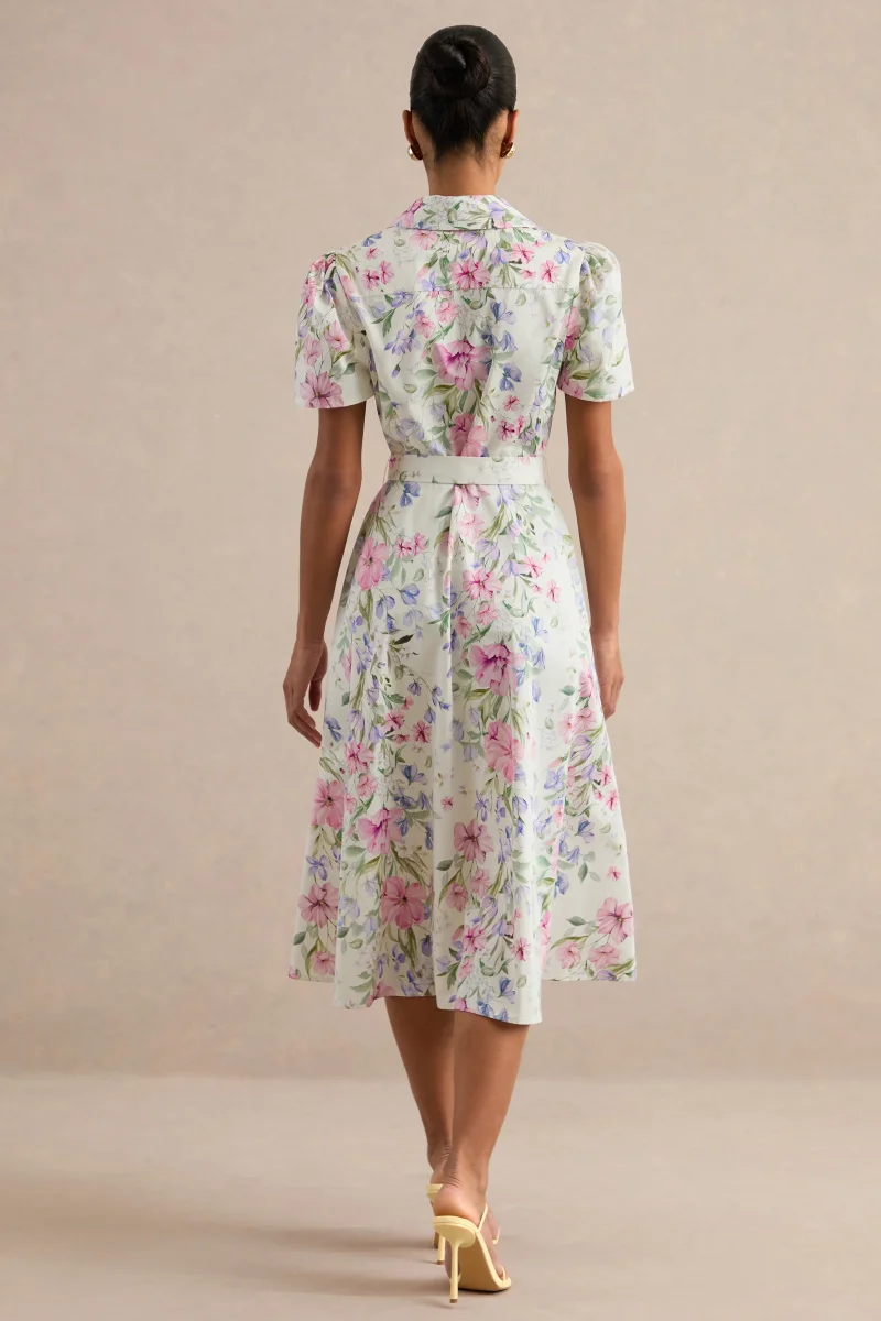 Viviette | Vestido Midi Color Crema Con Estampado Floral Y Cuello Camisero - Imagen 3