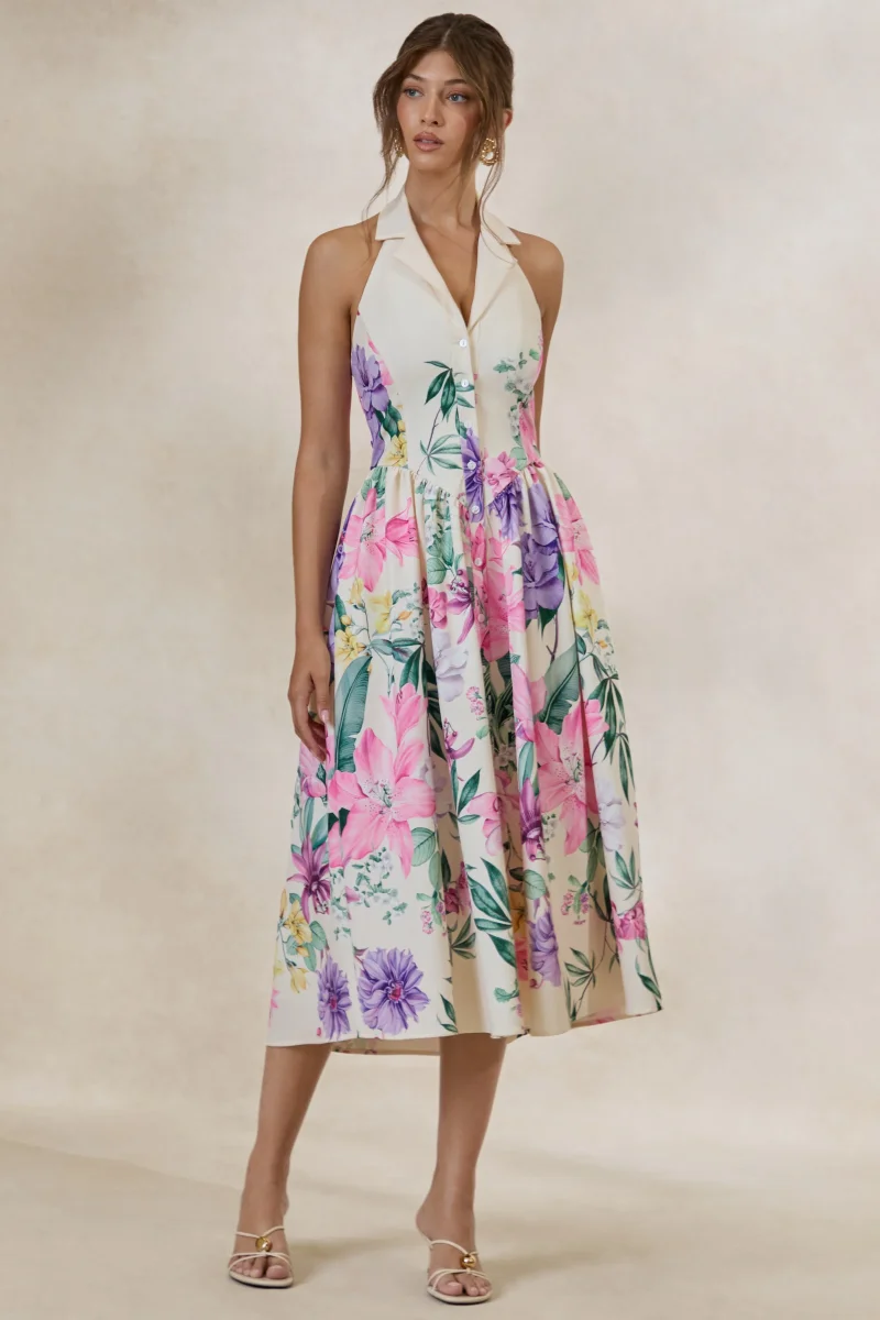 Maila | Vestido Midi con Estampado Floral sobre Base Crema y Escote Halter con Cuello