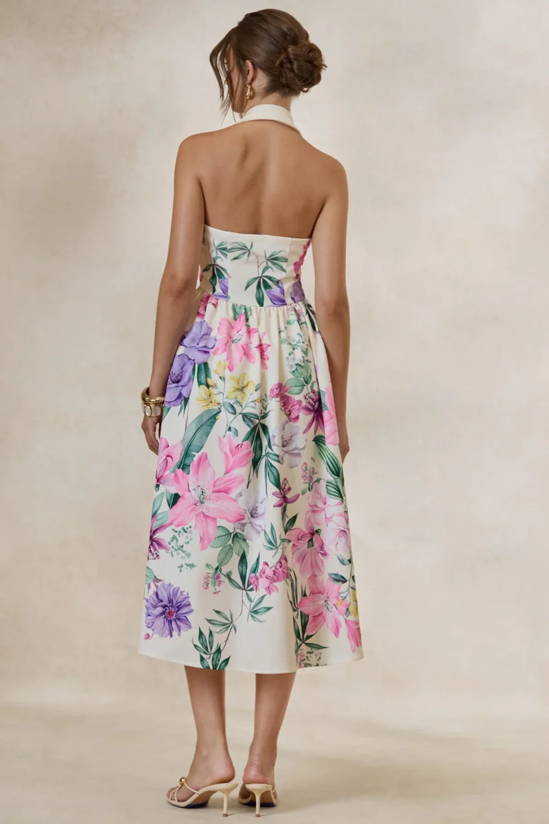 Maila | Vestido Midi con Estampado Floral sobre Base Crema y Escote Halter con Cuello - Imagen 3