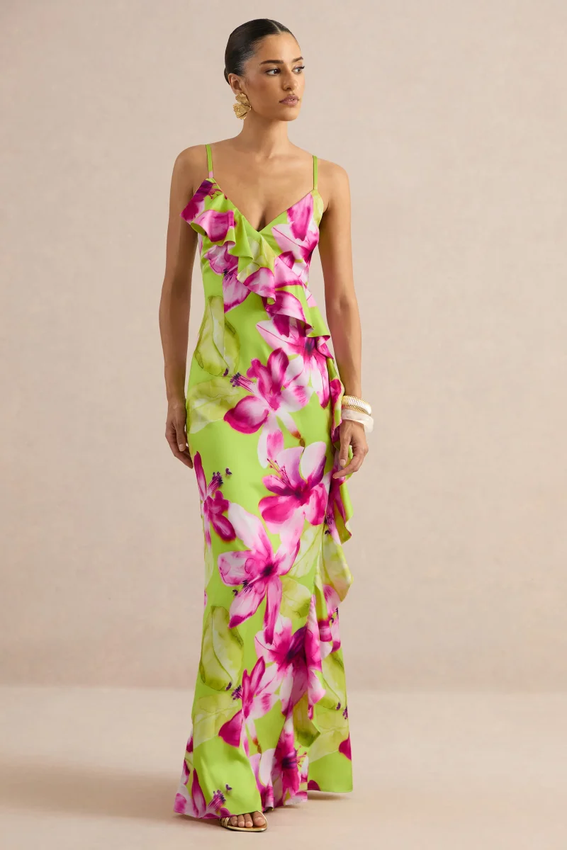 Marcelina | Vestido Largo De Satén Con Estampado Floral En Lima Y Rosa Y Escote En V