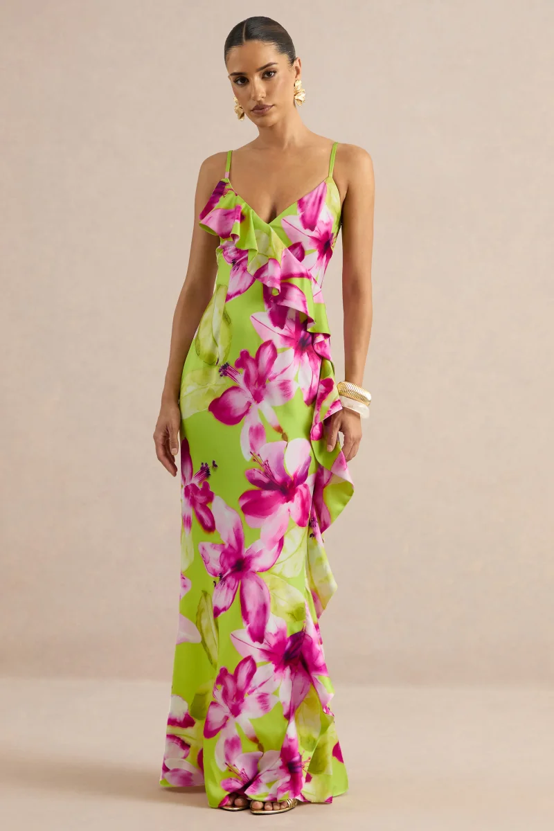 Marcelina | Vestido Largo De Satén Con Estampado Floral En Lima Y Rosa Y Escote En V - Imagen 4