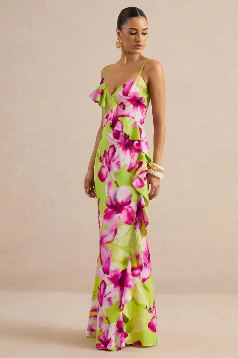 Marcelina | Vestido Largo De Satén Con Estampado Floral En Lima Y Rosa Y Escote En V - Imagen 6