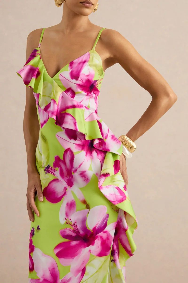 Marcelina | Vestido Largo De Satén Con Estampado Floral En Lima Y Rosa Y Escote En V - Imagen 5