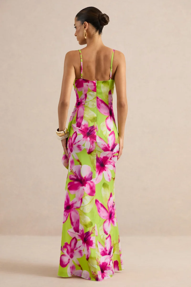 Marcelina | Vestido Largo De Satén Con Estampado Floral En Lima Y Rosa Y Escote En V - Imagen 3