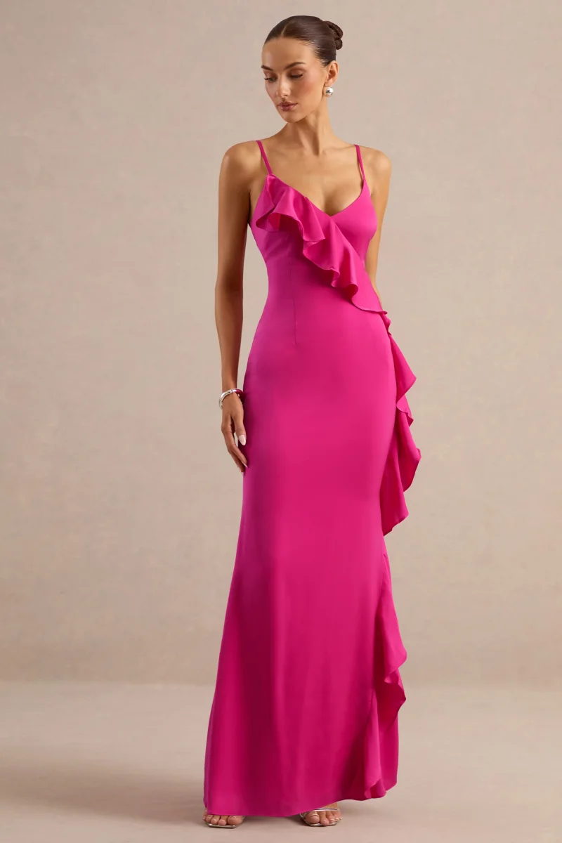 Marcelina | Vestido Largo Fucsia De Satén Con Escote En V Y Volantes