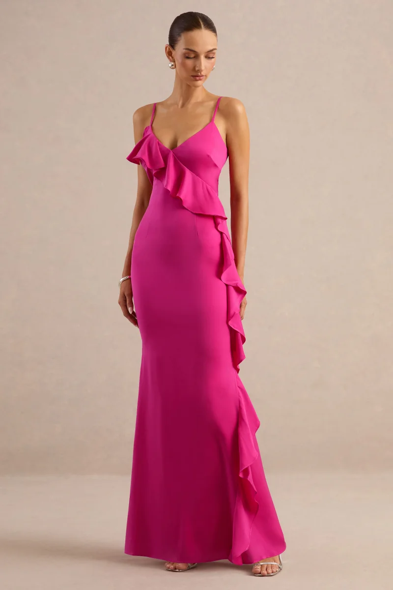 Marcelina | Vestido Largo Fucsia De Satén Con Escote En V Y Volantes - Imagen 4