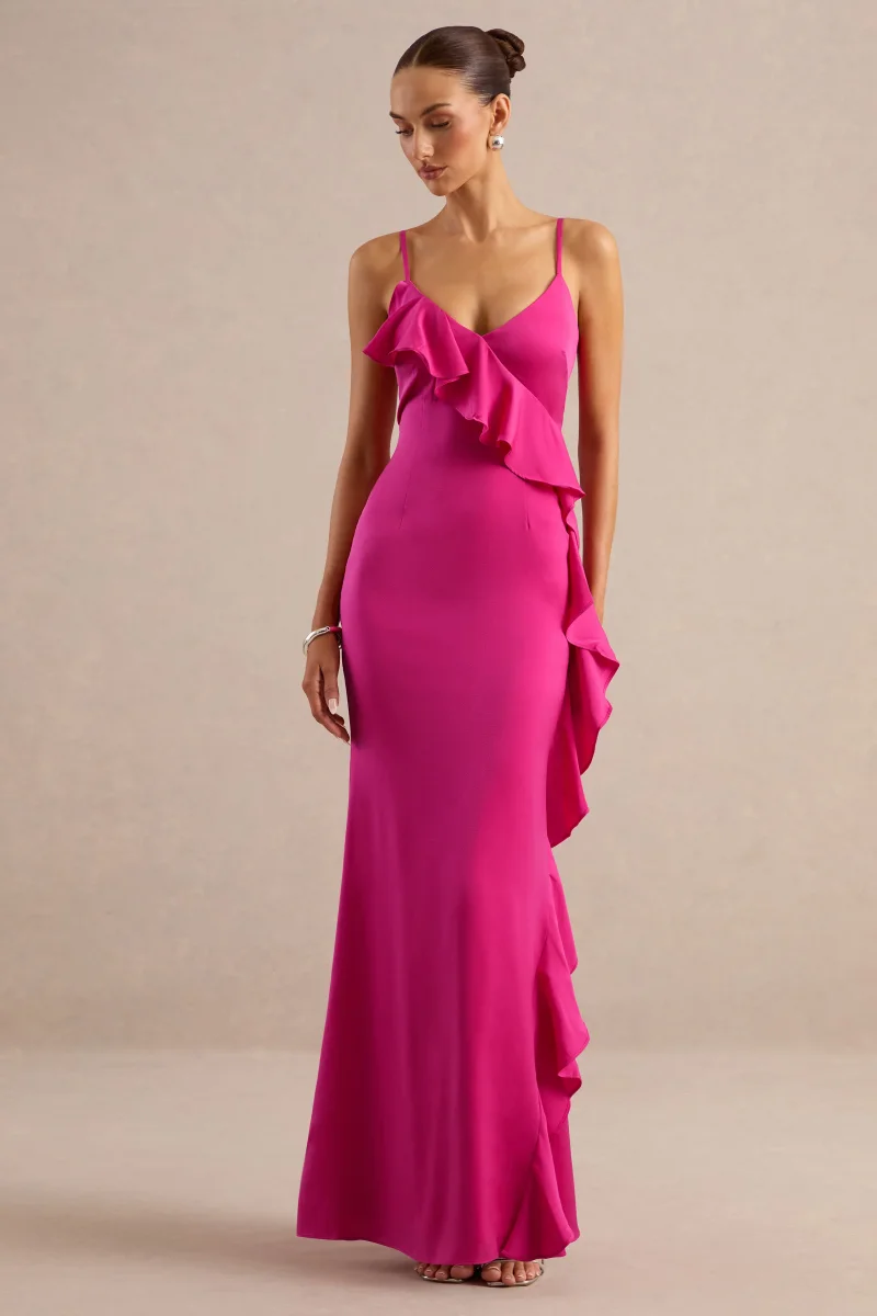 Marcelina | Vestido Largo Fucsia De Satén Con Escote En V Y Volantes - Imagen 6