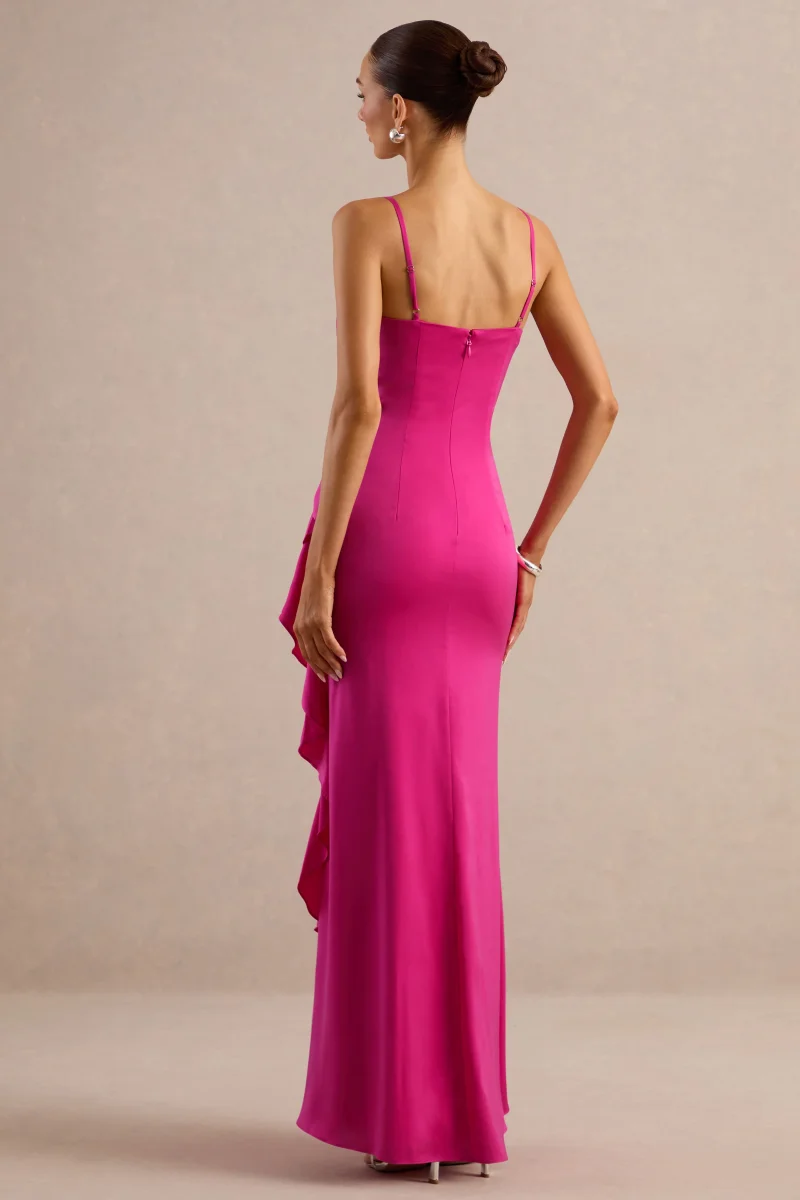 Marcelina | Vestido Largo Fucsia De Satén Con Escote En V Y Volantes - Imagen 3