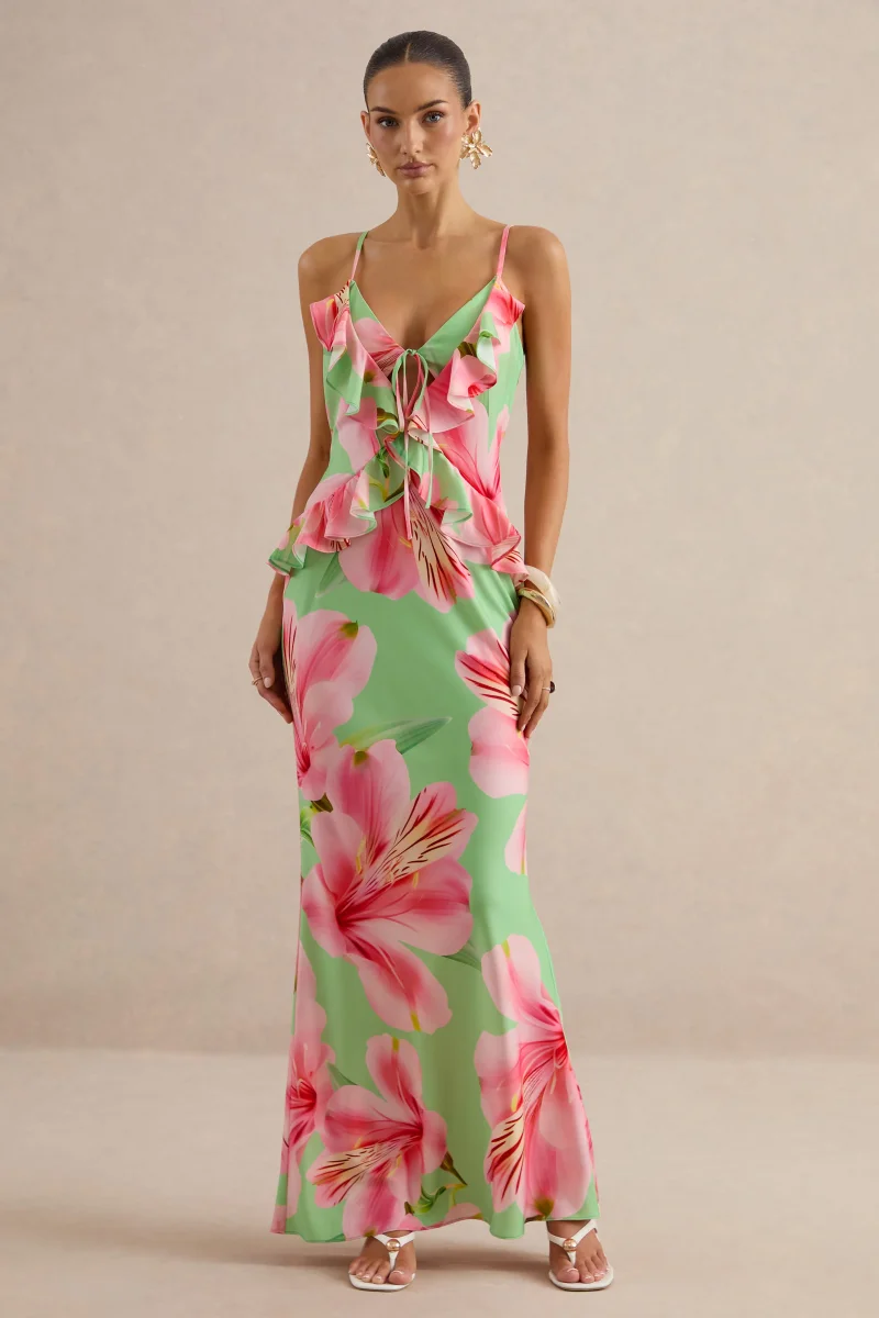 Marlen | Vestido Largo Verde Oscuro De Satén Con Estampado Floral, Escote Pico Y Volantes - Imagen 4