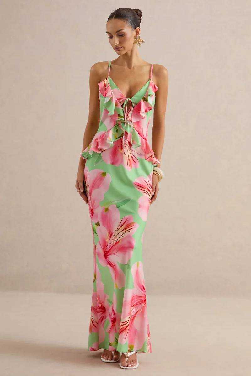 Marlen | Vestido Largo Verde Oscuro De Satén Con Estampado Floral, Escote Pico Y Volantes