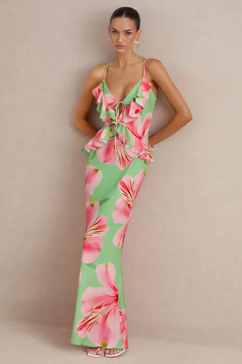 Marlen | Vestido Largo Verde Oscuro De Satén Con Estampado Floral, Escote Pico Y Volantes - Imagen 6