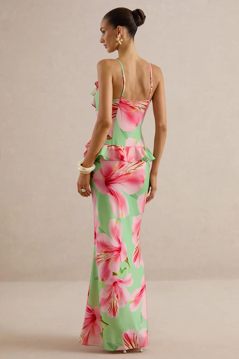 Marlen | Vestido Largo Verde Oscuro De Satén Con Estampado Floral, Escote Pico Y Volantes - Imagen 3