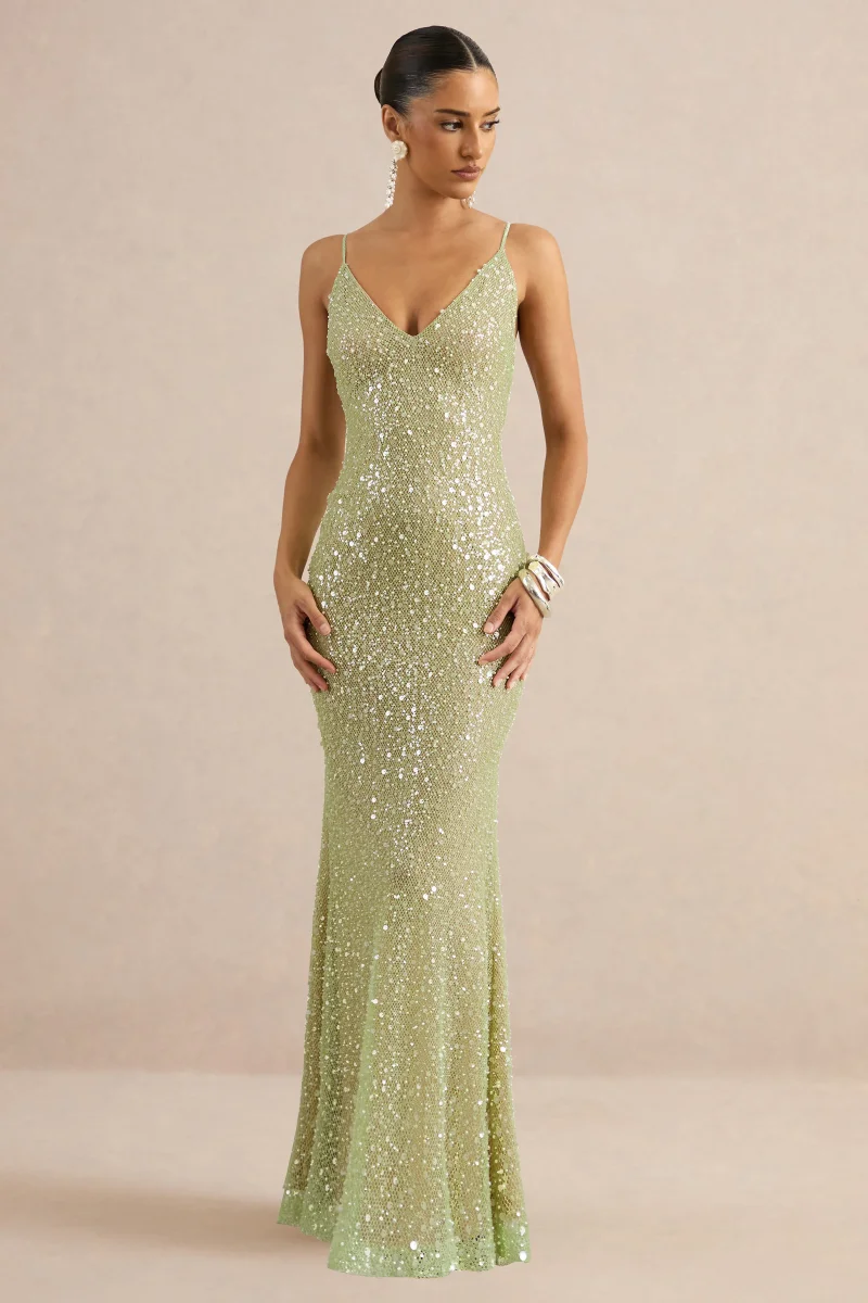 Minna | Vestido Largo Verde Salvia Transparente De Lentejuelas Con Escote Pico