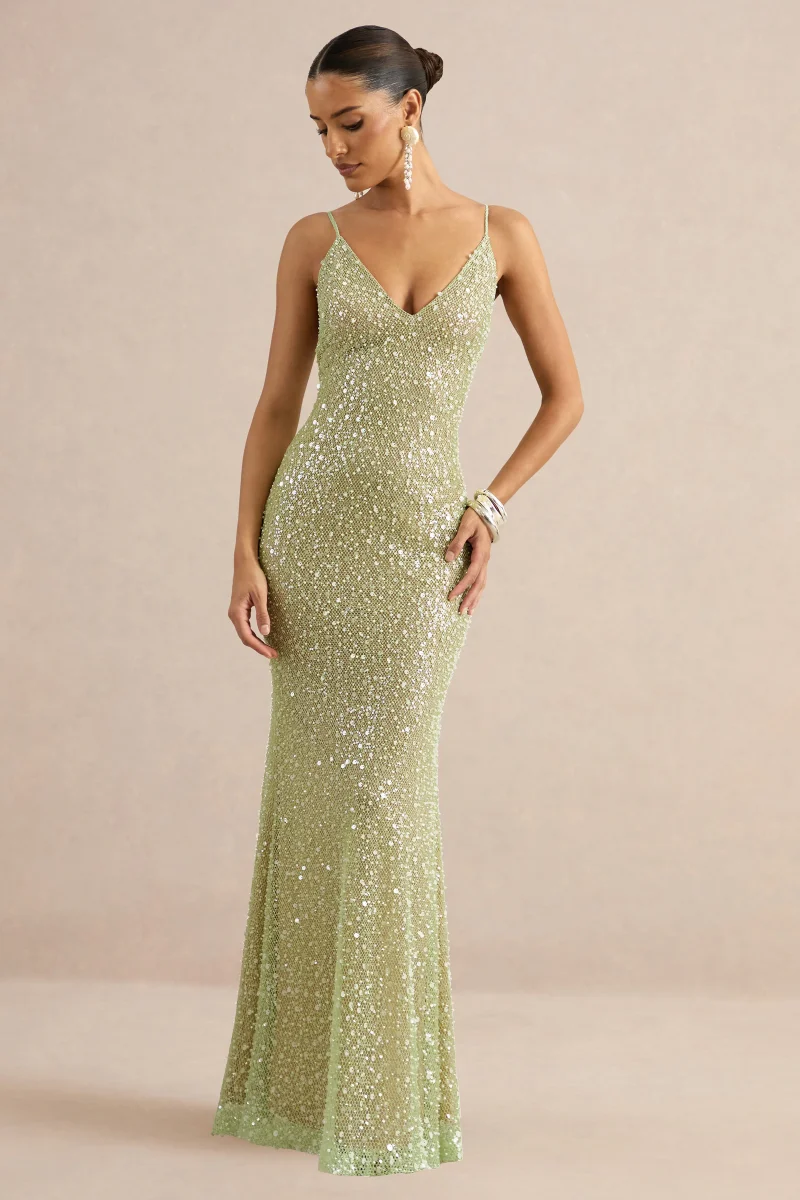 Minna | Vestido Largo Verde Salvia Transparente De Lentejuelas Con Escote Pico - Imagen 4