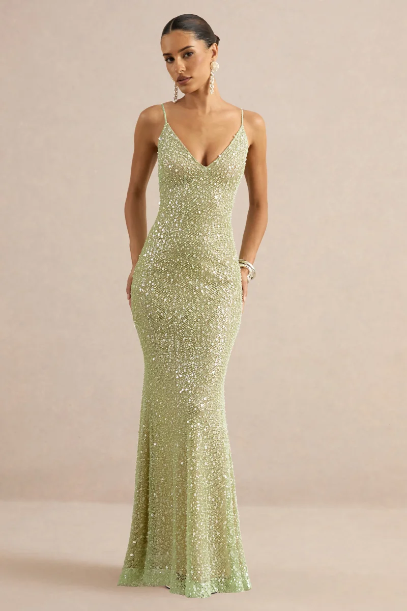 Minna | Vestido Largo Verde Salvia Transparente De Lentejuelas Con Escote Pico - Imagen 6
