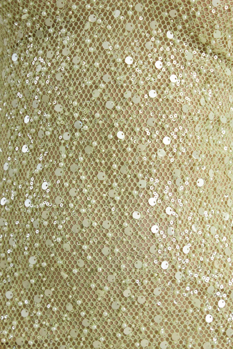 Minna | Vestido Largo Verde Salvia Transparente De Lentejuelas Con Escote Pico - Imagen 7