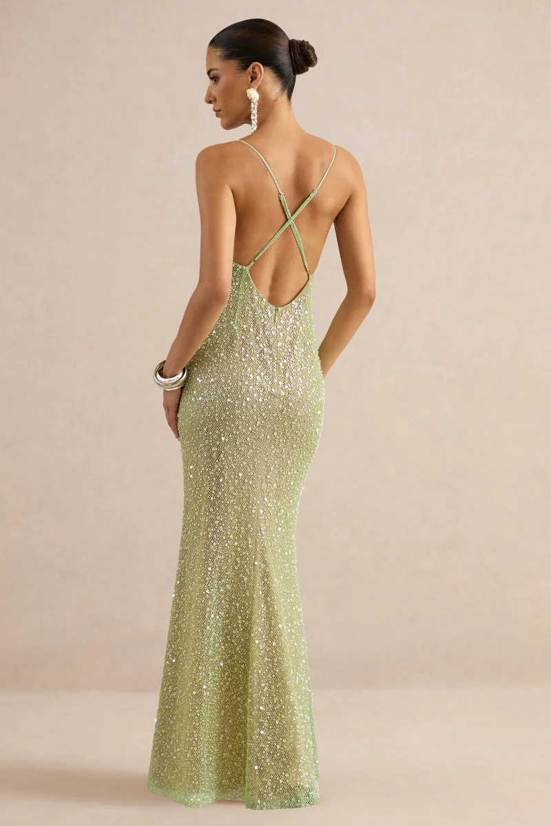 Minna | Vestido Largo Verde Salvia Transparente De Lentejuelas Con Escote Pico - Imagen 3