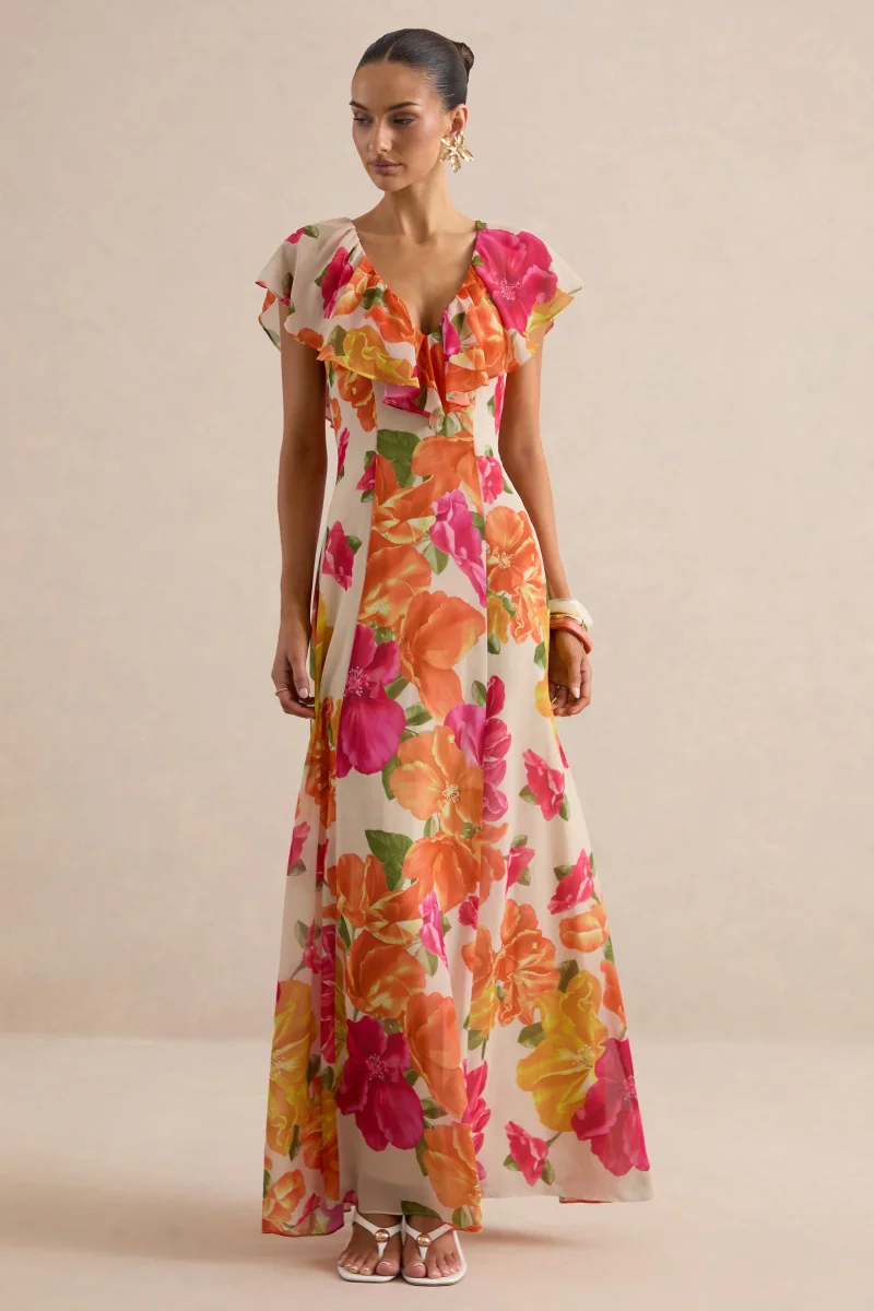 Naelle | Vestido largo de gasa con estampado floral naranja, escote pronunciado y detalles de volantes - Imagen 4