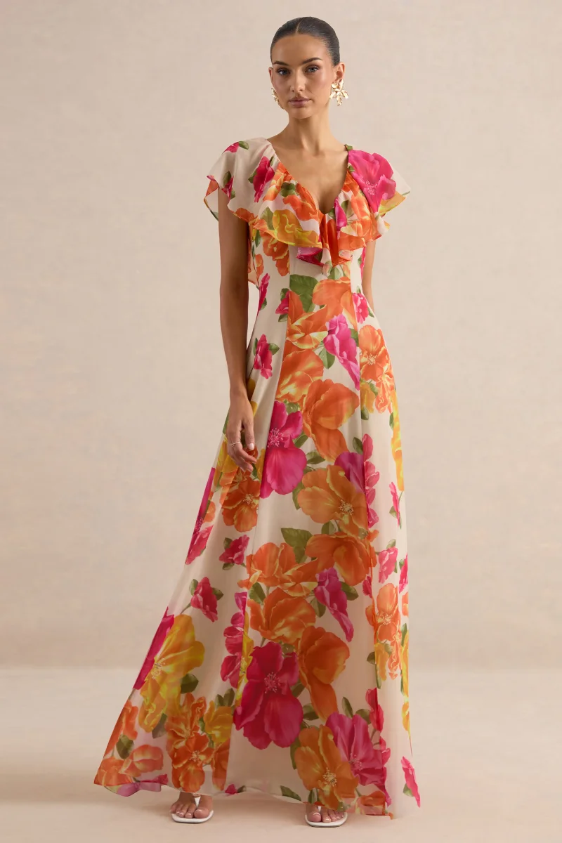 Naelle | Vestido largo de gasa con estampado floral naranja, escote pronunciado y detalles de volantes - Imagen 2