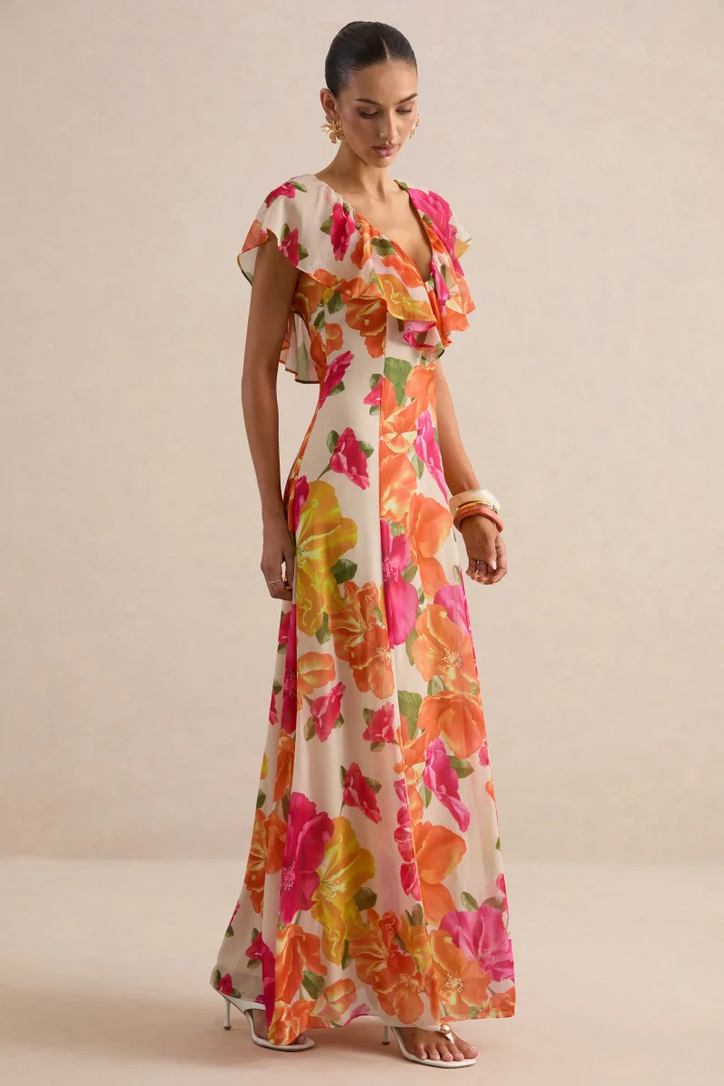 Naelle | Vestido largo de gasa con estampado floral naranja, escote pronunciado y detalles de volantes - Imagen 6