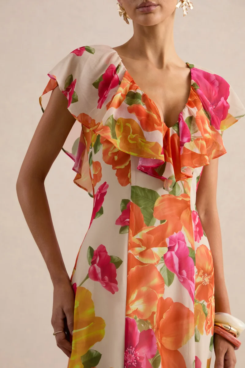 Naelle | Vestido largo de gasa con estampado floral naranja, escote pronunciado y detalles de volantes - Imagen 5