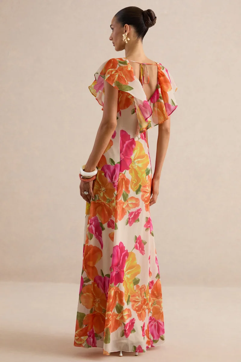 Naelle | Vestido largo de gasa con estampado floral naranja, escote pronunciado y detalles de volantes - Imagen 3