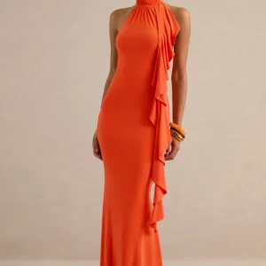Namira | Vestido Largo Naranja Con Cuello Alto Y Detalles De Volantes