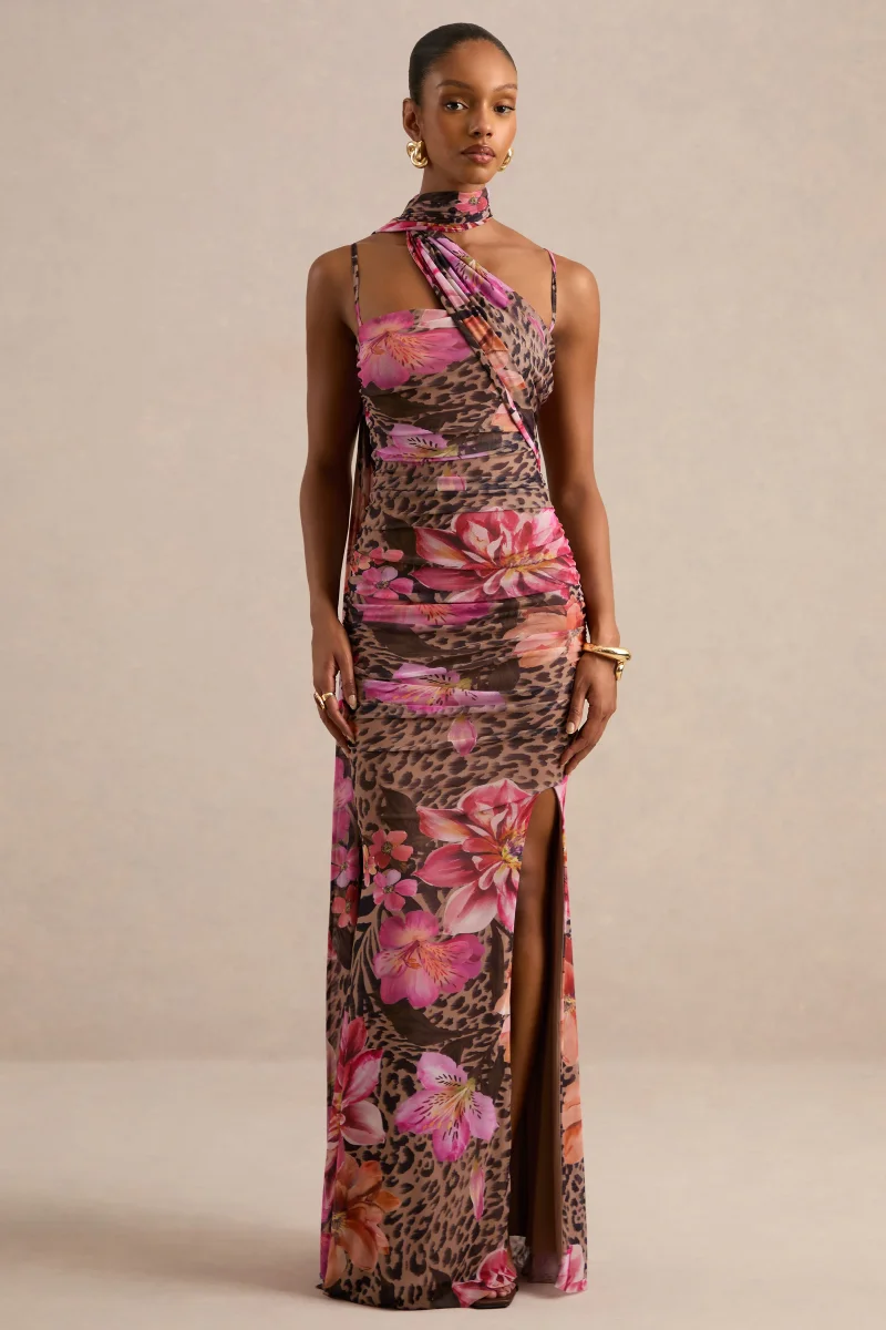 Navia | Vestido Largo Marrón Con Estampado Animal Print Y Floral, Escote Cuadrado Y Detalle De Fajín - Imagen 6