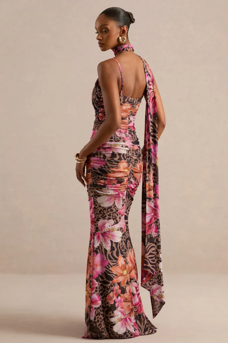 Navia | Vestido Largo Marrón Con Estampado Animal Print Y Floral, Escote Cuadrado Y Detalle De Fajín - Imagen 3
