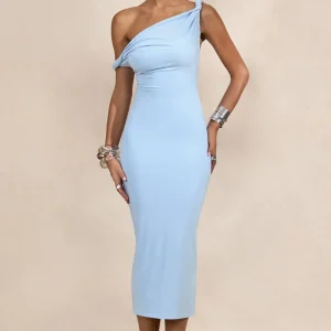 Sarafina | Vestido Midi Azul Claro Con Escote Asimétrico Retorcido