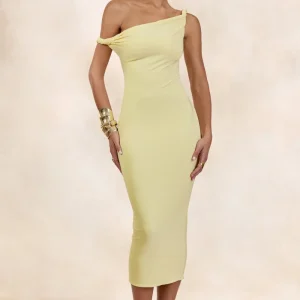 Sarafina | Vestido Midi Amarillo Limón De Jersey Elástico Premium Con Escote Asimétrico Retorcido