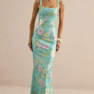Danette | Vestido Largo de Lentejuelas con Estampado Floral en Tonos Menta y Escote Cuadrado