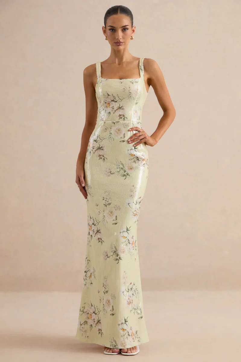 Danette | Vestido Largo de Lentejuelas con Estampado Floral en Tonos Limón y Escote Cuadrado - Imagen 5