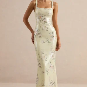 Danette | Vestido Largo de Lentejuelas con Estampado Floral en Tonos Limón y Escote Cuadrado
