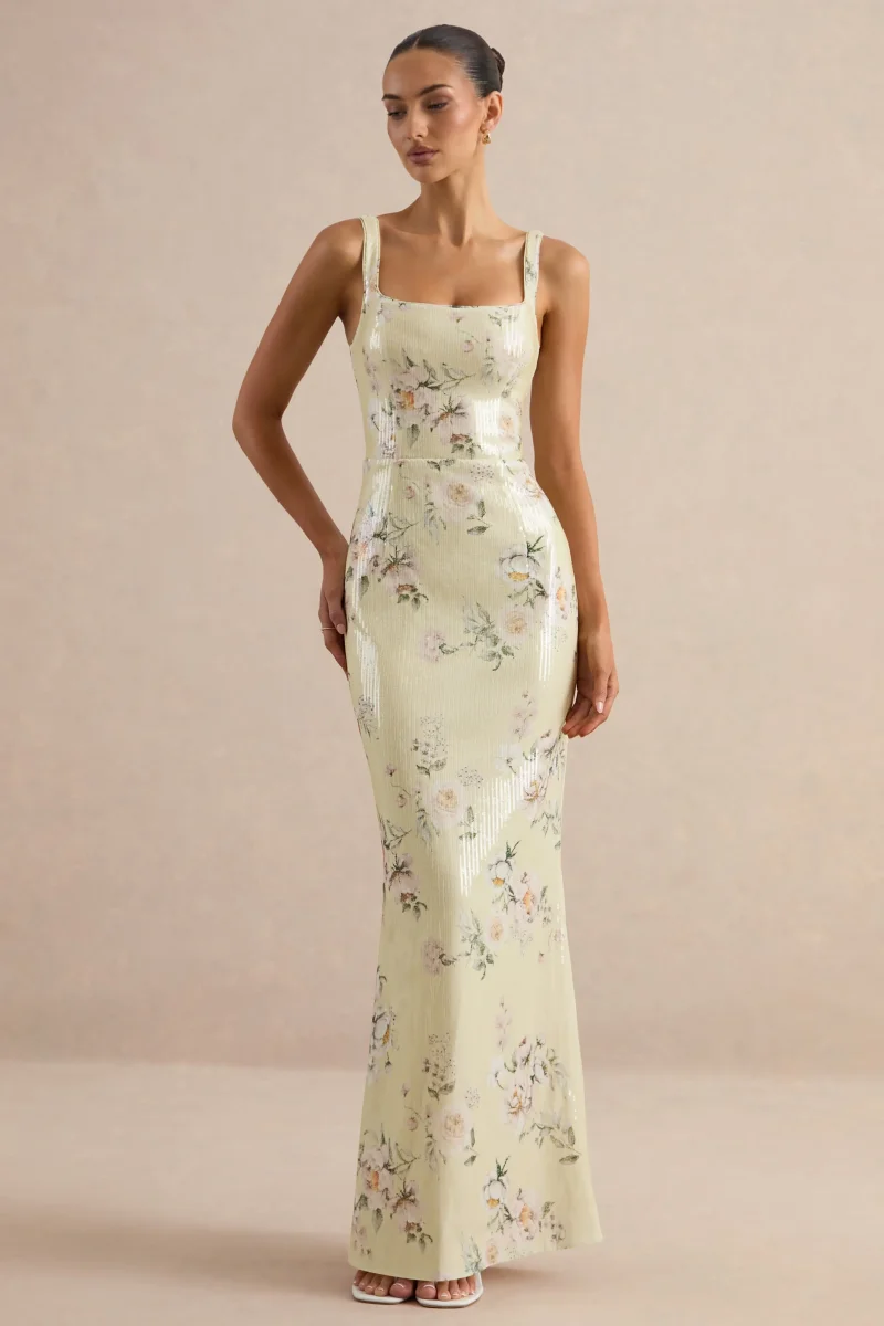 Danette | Vestido Largo de Lentejuelas con Estampado Floral en Tonos Limón y Escote Cuadrado - Imagen 2