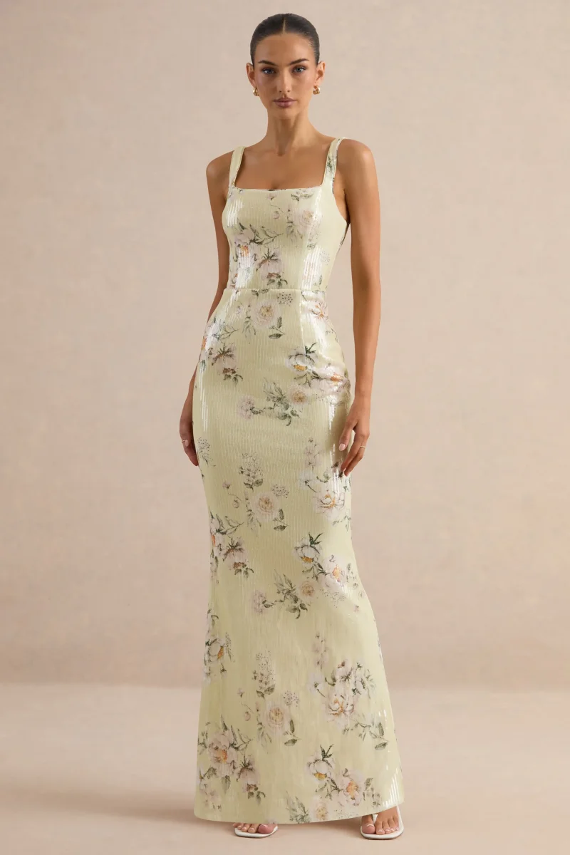 Danette | Vestido Largo de Lentejuelas con Estampado Floral en Tonos Limón y Escote Cuadrado - Imagen 6