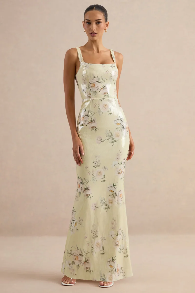 Danette | Vestido Largo de Lentejuelas con Estampado Floral en Tonos Limón y Escote Cuadrado - Imagen 8