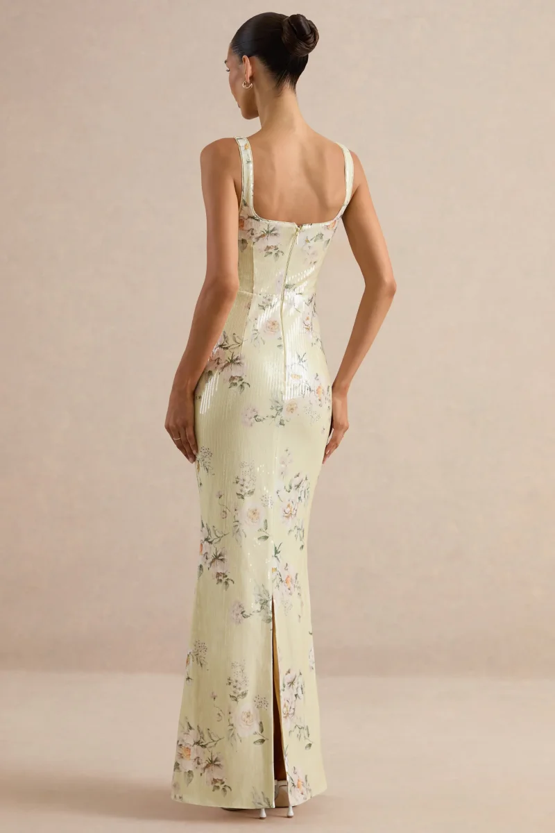 Danette | Vestido Largo de Lentejuelas con Estampado Floral en Tonos Limón y Escote Cuadrado - Imagen 3
