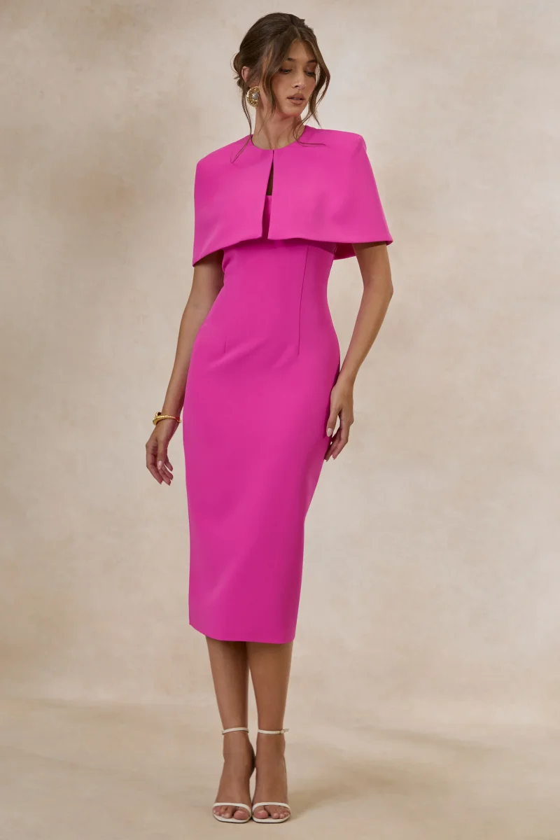 Celandia | Vestido Midi Fucsia Con Capa Desmontable - Imagen 2