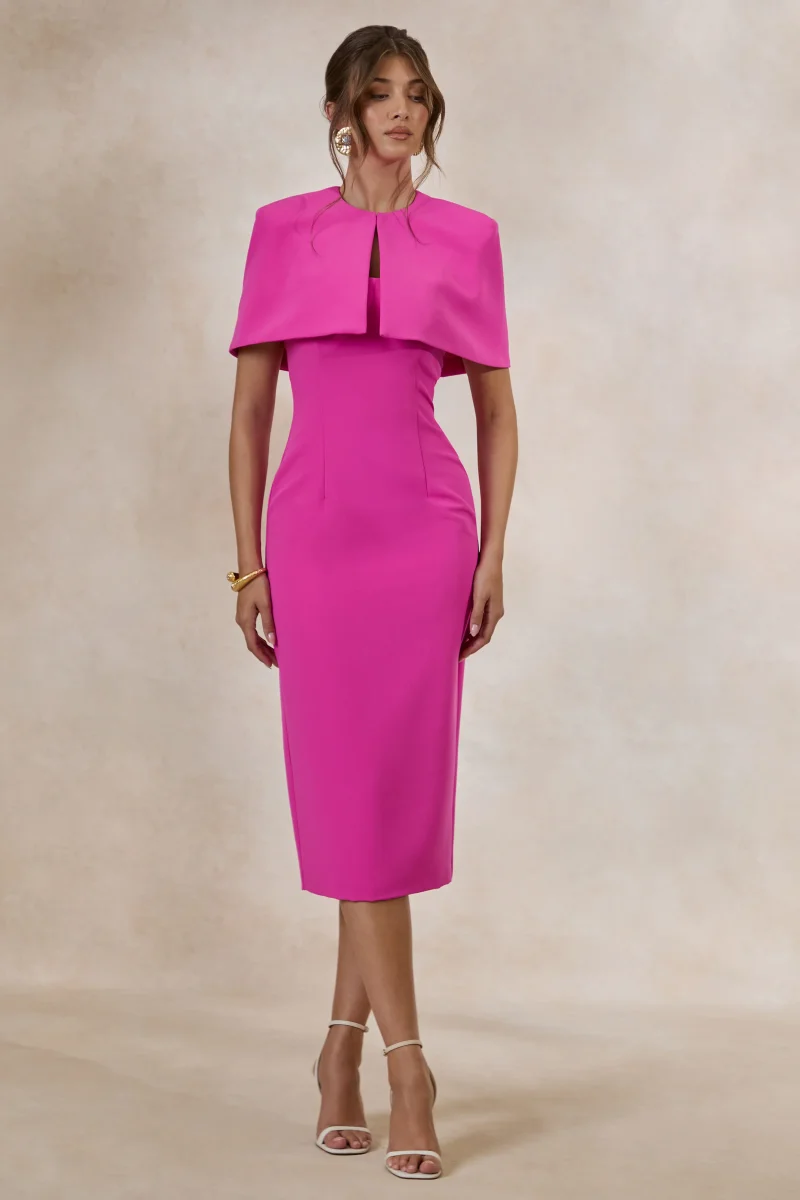 Celandia | Vestido Midi Fucsia Con Capa Desmontable - Imagen 7