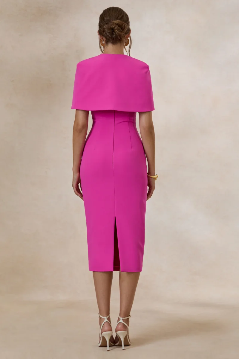 Celandia | Vestido Midi Fucsia Con Capa Desmontable - Imagen 4