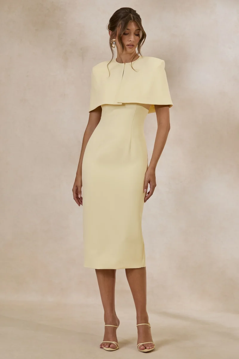 Celandia | Vestido Midi Amarillo Limón Con Capa Desmontable - Imagen 2