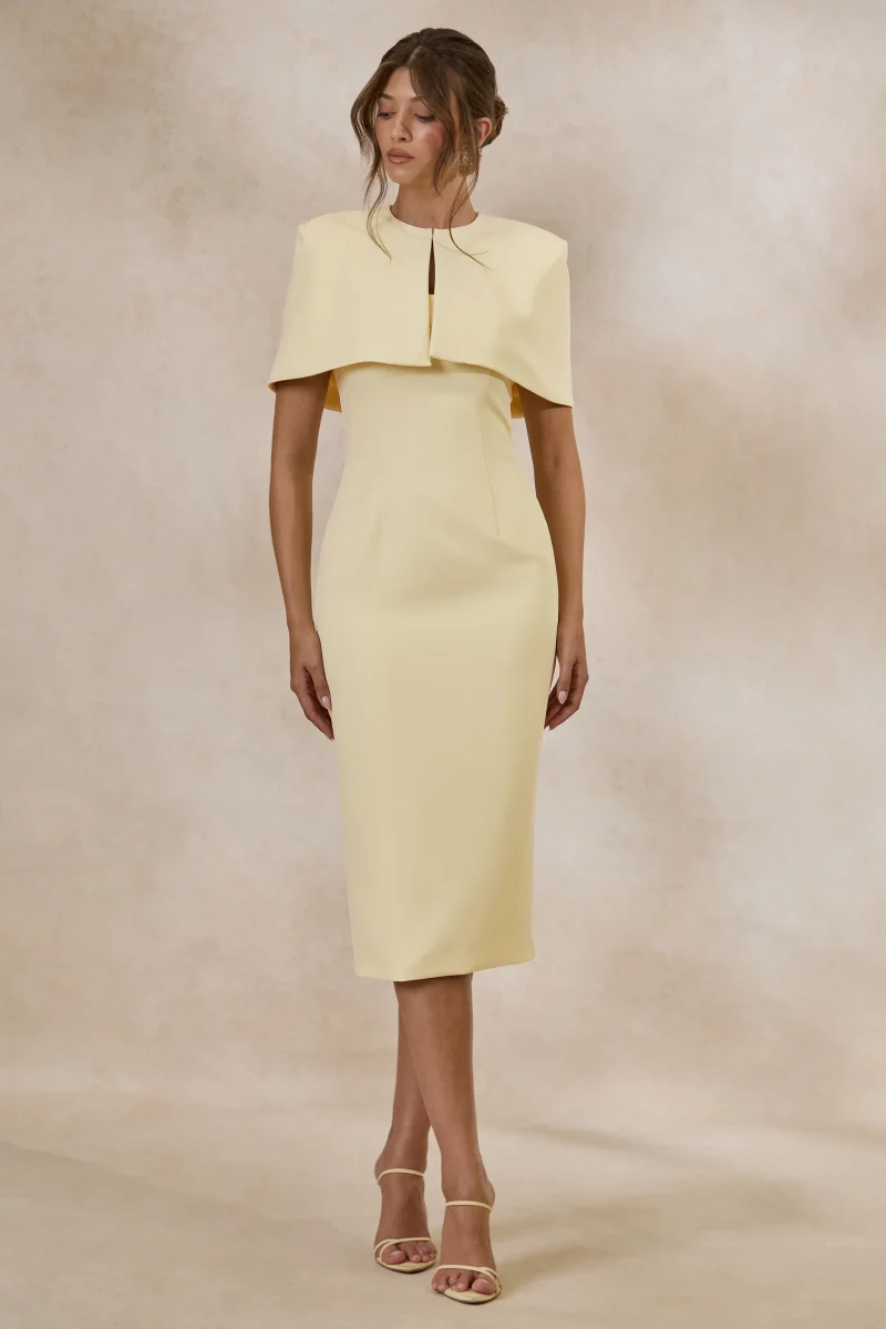 Celandia | Vestido Midi Amarillo Limón Con Capa Desmontable - Imagen 7