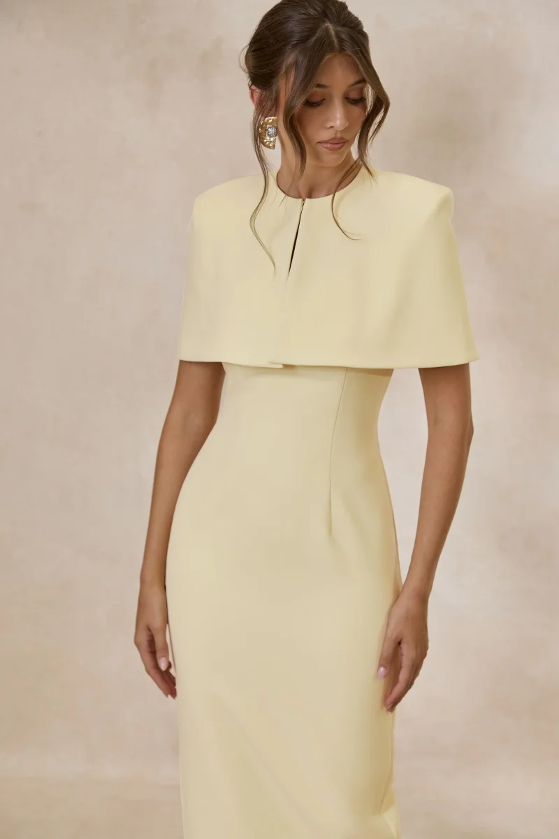 Celandia | Vestido Midi Amarillo Limón Con Capa Desmontable - Imagen 8