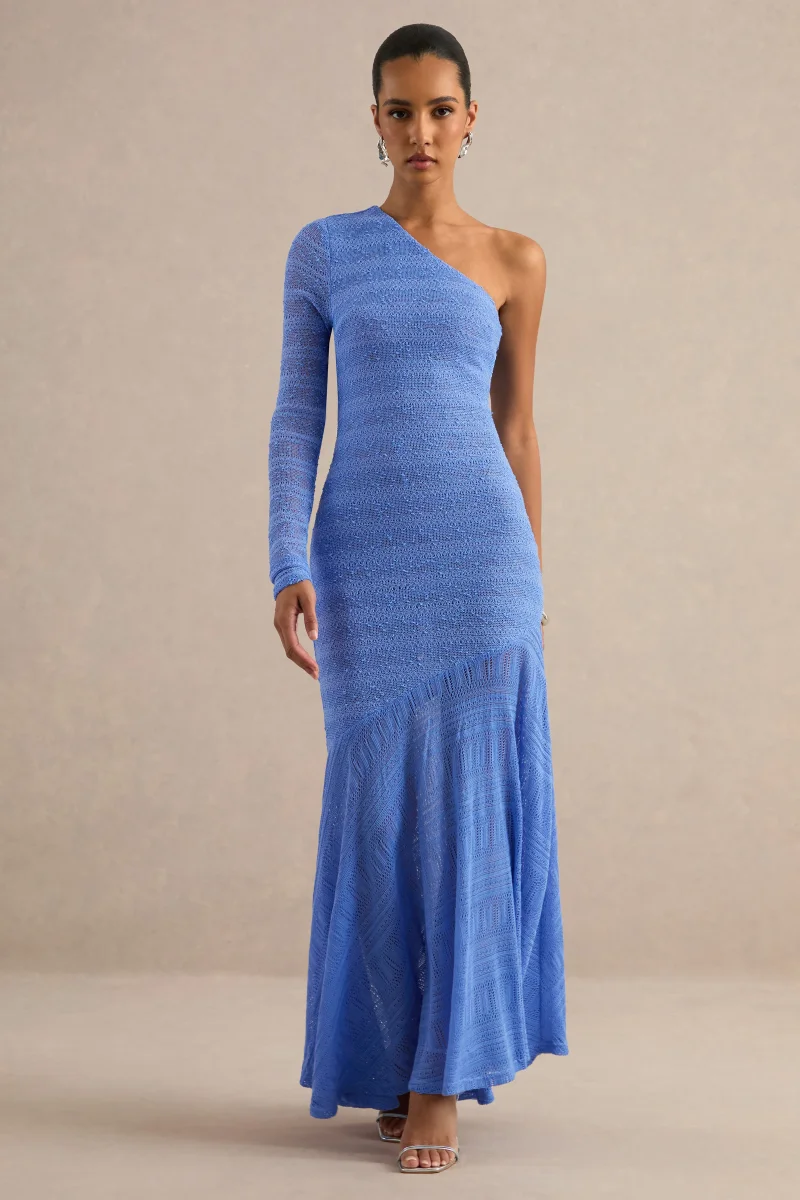 Orabella | Vestido Largo Azul Con Escote Asimétrico Y Falda Transparente - Imagen 4