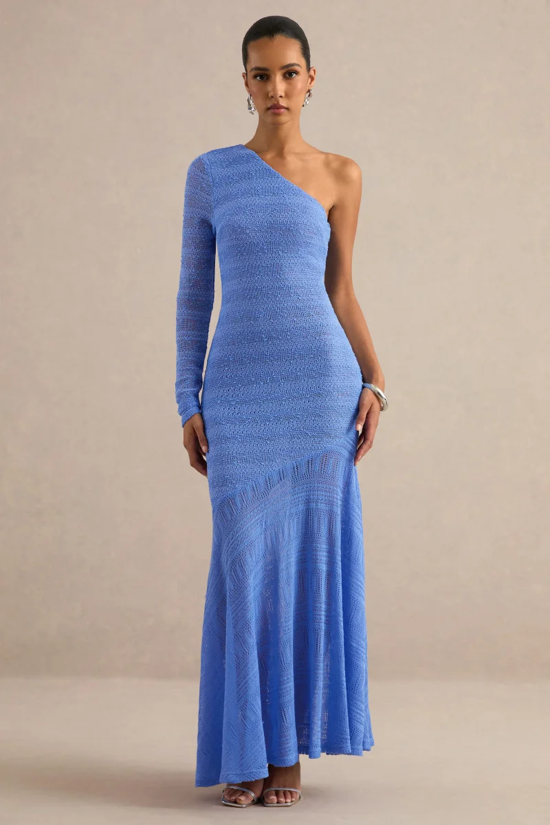 Orabella | Vestido Largo Azul Con Escote Asimétrico Y Falda Transparente - Imagen 6