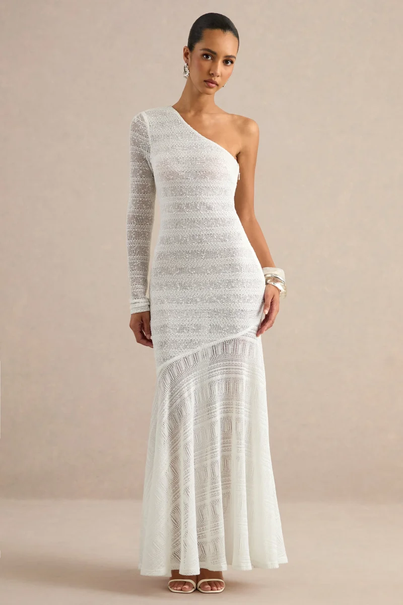 Orabella | Vestido Largo Blanco Con Escote Asimétrico Y Falda Transparente - Imagen 4