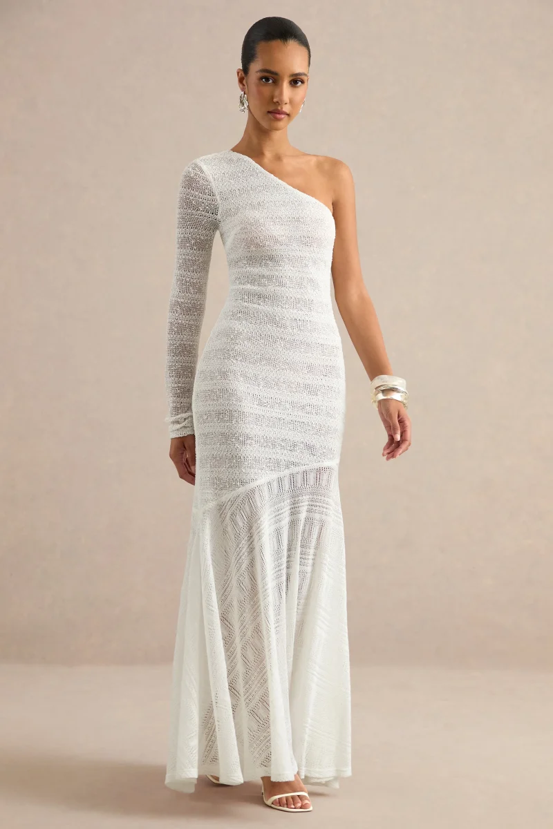 Orabella | Vestido Largo Blanco Con Escote Asimétrico Y Falda Transparente