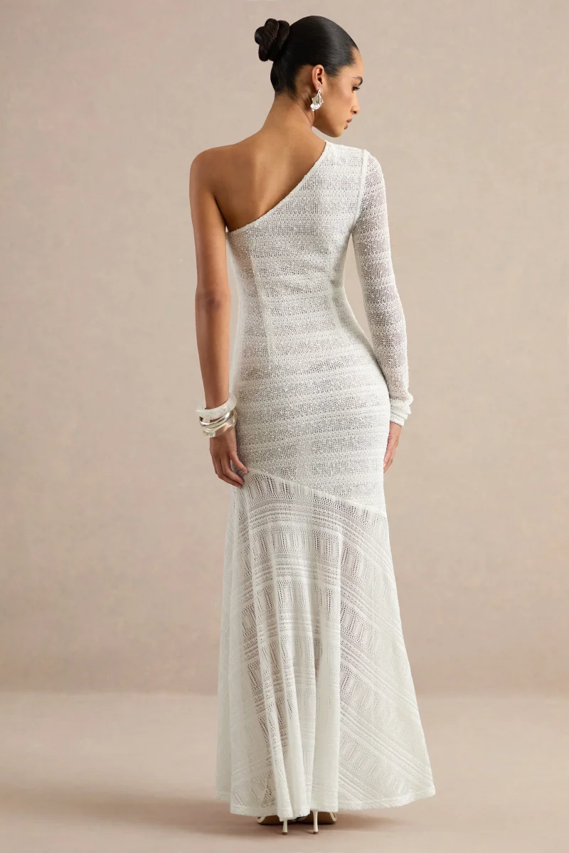 Orabella | Vestido Largo Blanco Con Escote Asimétrico Y Falda Transparente - Imagen 3