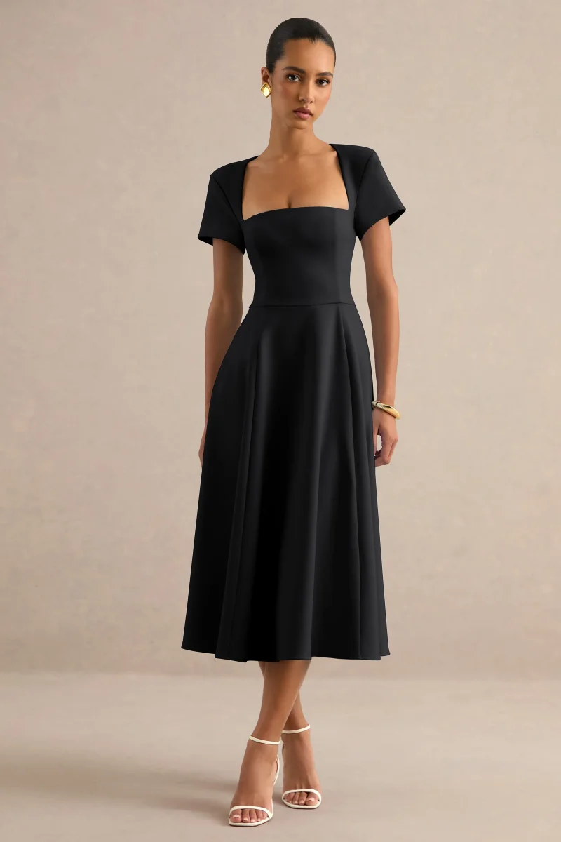 Donia | Vestido Skater Midi Negro Con Cuello Cuadrado - Imagen 2